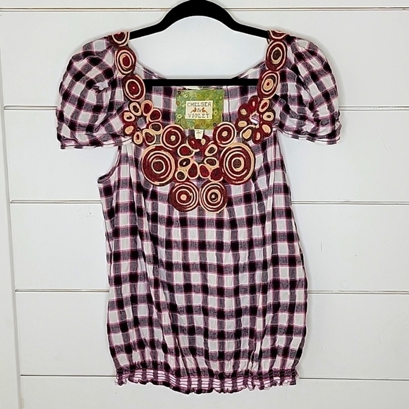 CHELSEA & VIOLET large red black & white plaid cotton top with yarn accents - Picture 1 of 5